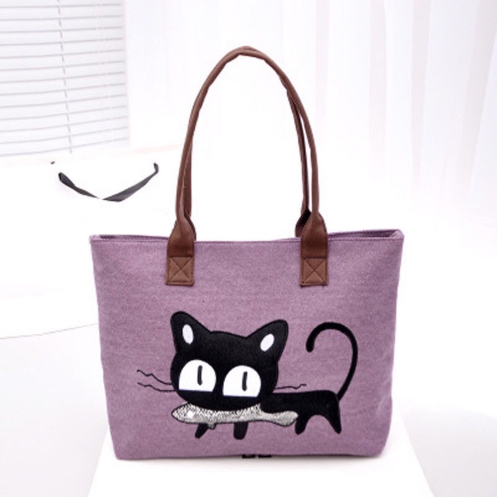 Cat with Fish Canvas Tote Handbag Purse - Picture 3 of 8